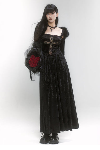 Velvet Lace Cross Long Dress + Shawl