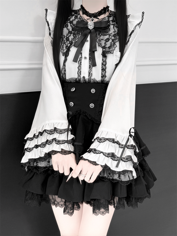 【1月7日予約締切】ジュエルリボンベルスリーブシャツ＋ブラックストライプティアードスカート＋セットアップ