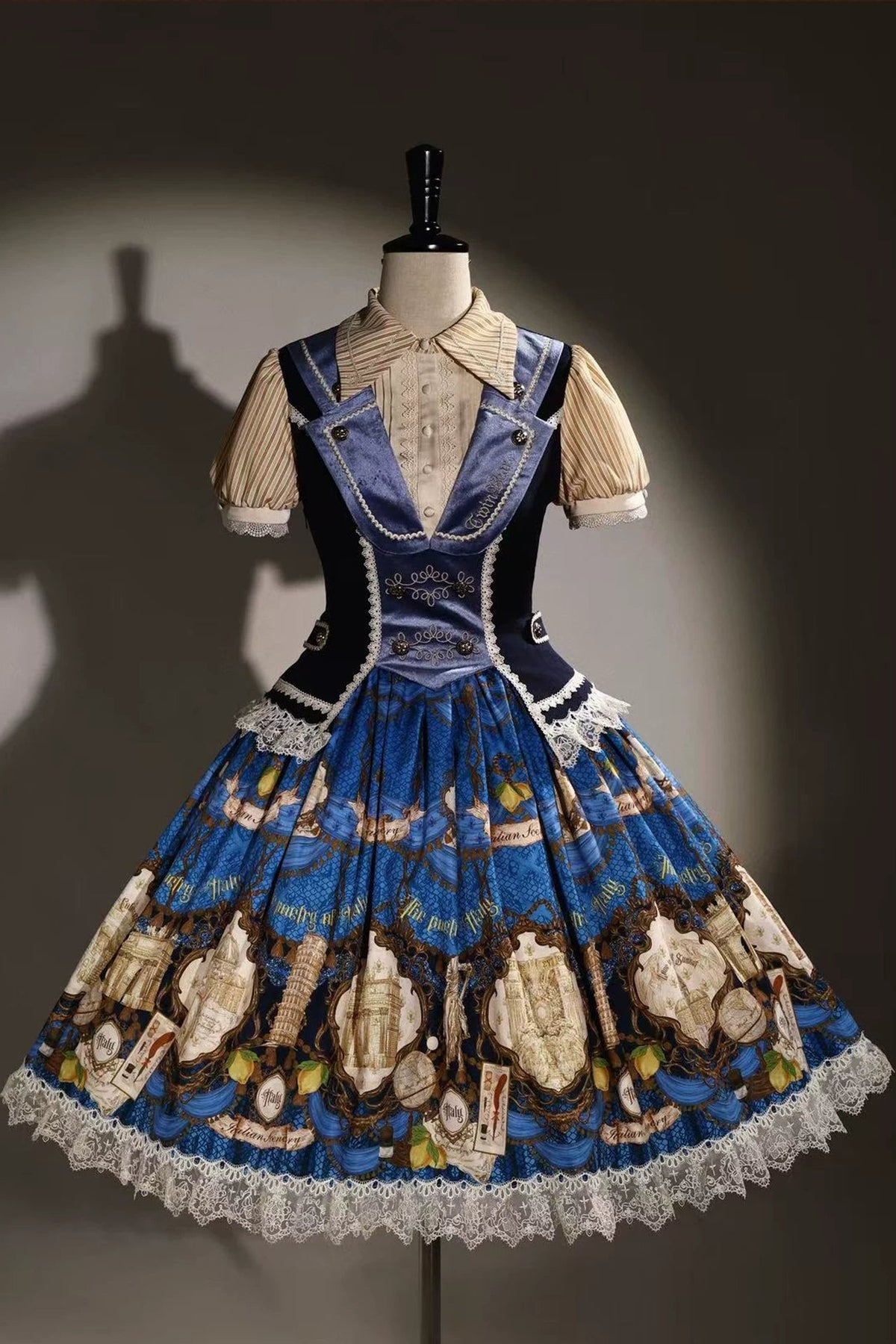 [Reservation Deadline: November 6] Navy Blue/Brown Classic Italian Travel Diary Lolita Stripe Puff Sleeve Bow Lace Vintage Print One-Piece Dress