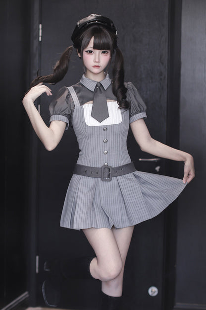 【4月15日予約締切】グレーピンストライプタイカラーショートジャケットドレスフルセット＋ジュエルキャスケット