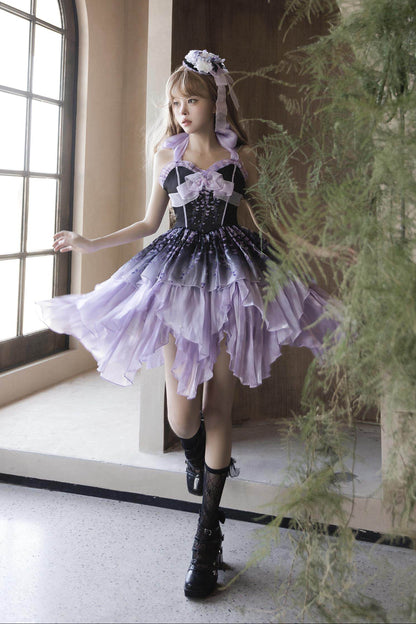 [Pre-order Deadline: June 18] Wisteria Purple Gradient Fairy Lolita Bow Layered JSK Dress + Full Set (Dress + Flower Hat)