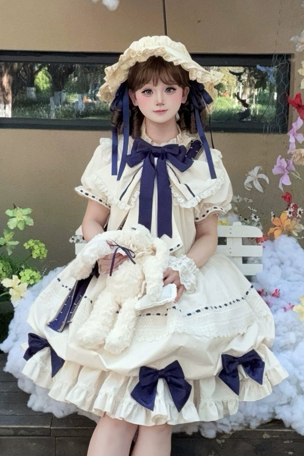 【9月19日予約締切】Pink x Beige / Dark Blue x Beige Doll Style Sweet Lolita Bow Lace Puff Sleeve Dress + Dress Set + Full Set