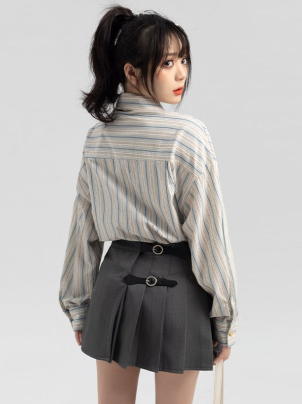 Striped tie shirt + pleated skirt