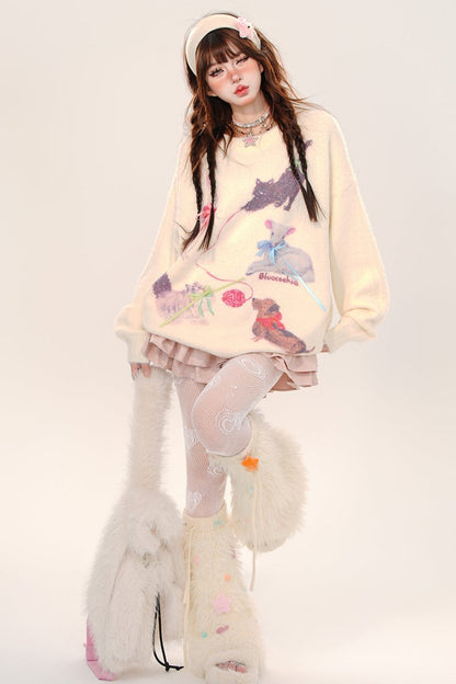 Cat and Dog Party Loose Sweater