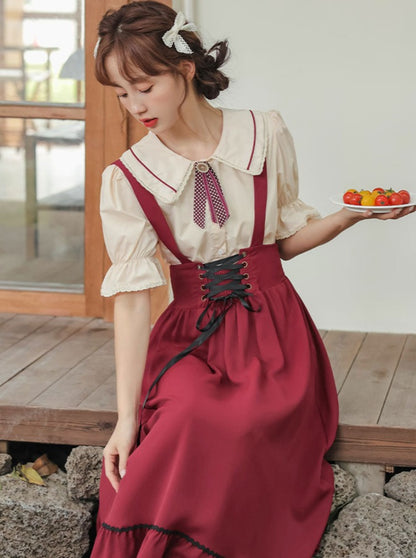 Doll Collar Shirt + Lace-up Suspender Skirt