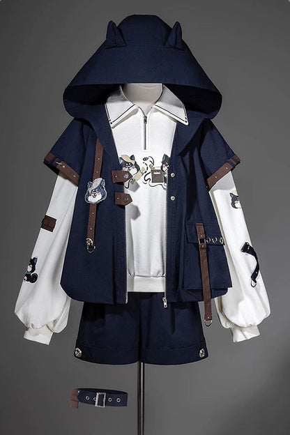 【9月25日予約締切】Prince Style Street Casual Cat Ear Hooded Short-Sleeve Jacket + Dog Print Top + Shorts with Leg Rings＋Full Set