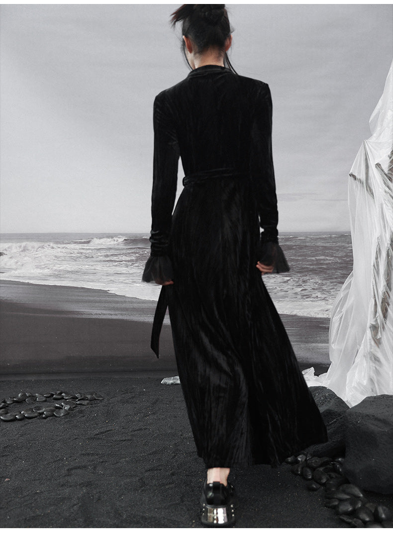 レトロチャイナスタンドVカラーベルベットスプライシングメッシュロマンチックブラックドレス