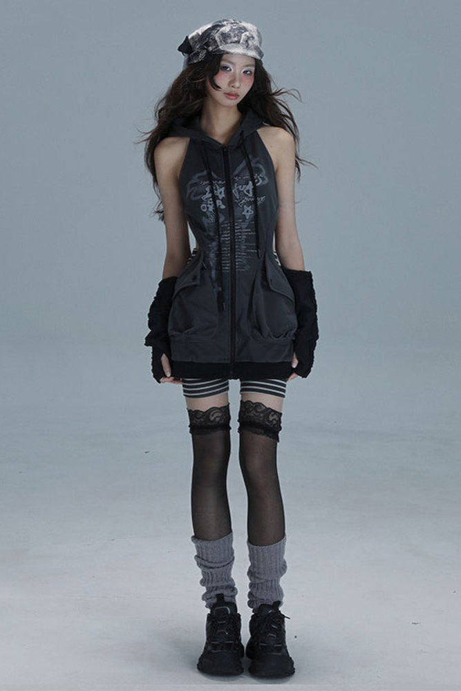 ロングパーカーカットアウトY2Kスウェットワンピース