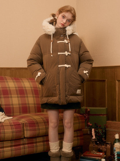 Retro Horn Button Big Fur Hooded Down Jacket