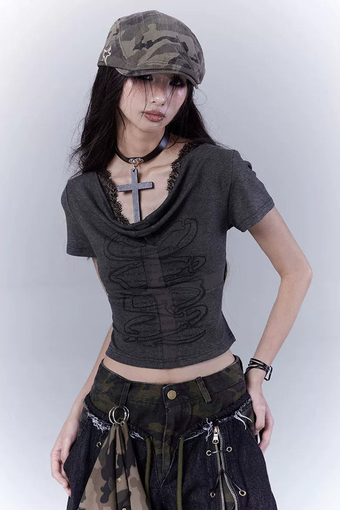 ダークスリムレースクロストップス