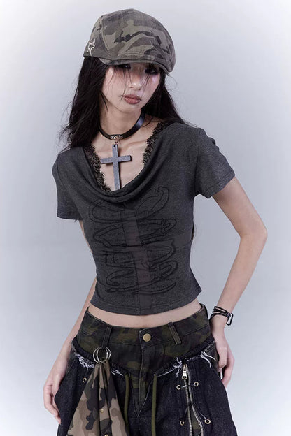 ダークスリムレースクロストップス