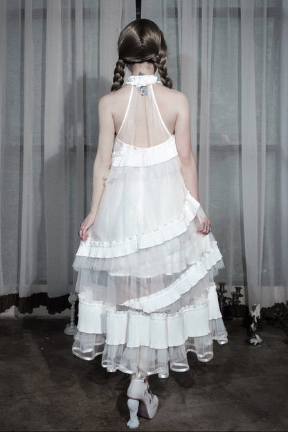 [Pre-order Deadline: October 14] Black/White Gothic Lolita Blue Butterfly Bow Tulle Ruffle Layered Halter Dress