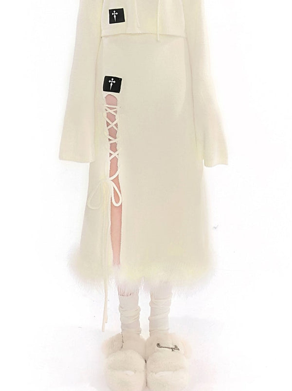 Cross Strap Real Feather Beauty Knit Long Skirt