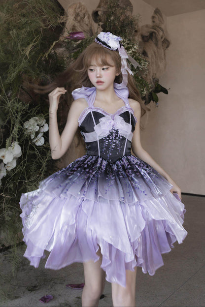 [Pre-order Deadline: June 18] Wisteria Purple Gradient Fairy Lolita Bow Layered JSK Dress + Full Set (Dress + Flower Hat)