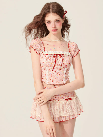 Pink Summer Girly Top + Lace Design Skirt