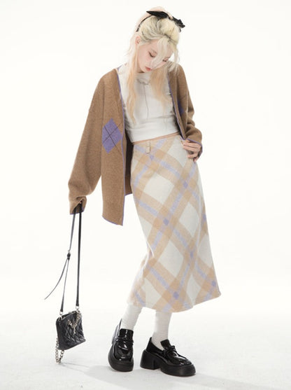 Milk Tea Argyle High Waist Draped Check Skirt