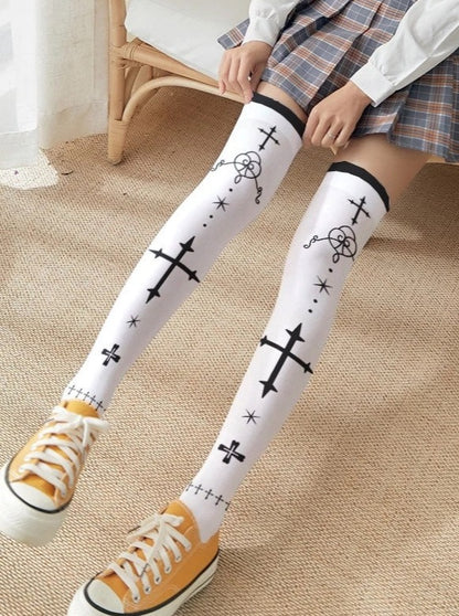 Gothic Cross Print Knee-High Socks