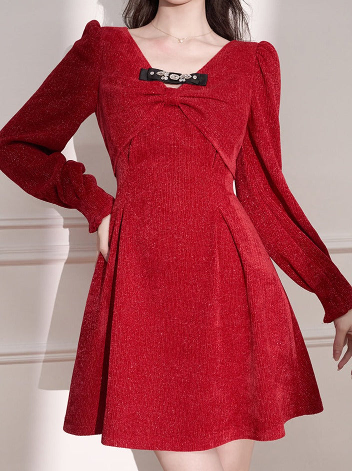 Red Ribbon Design Flared Dress