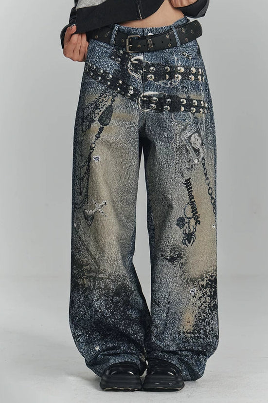 レトロデジタルプリントデニムパンツ