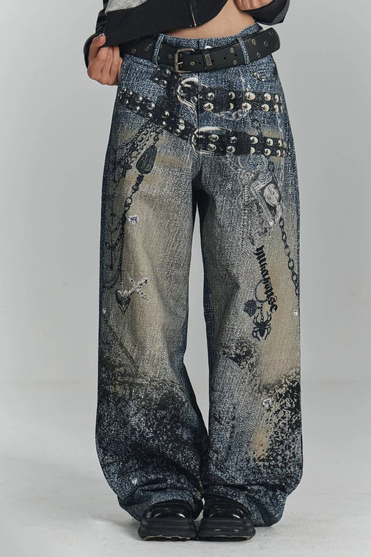 レトロデジタルプリントデニムパンツ
