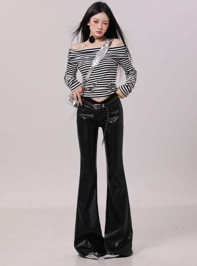 Leather design long flare pants