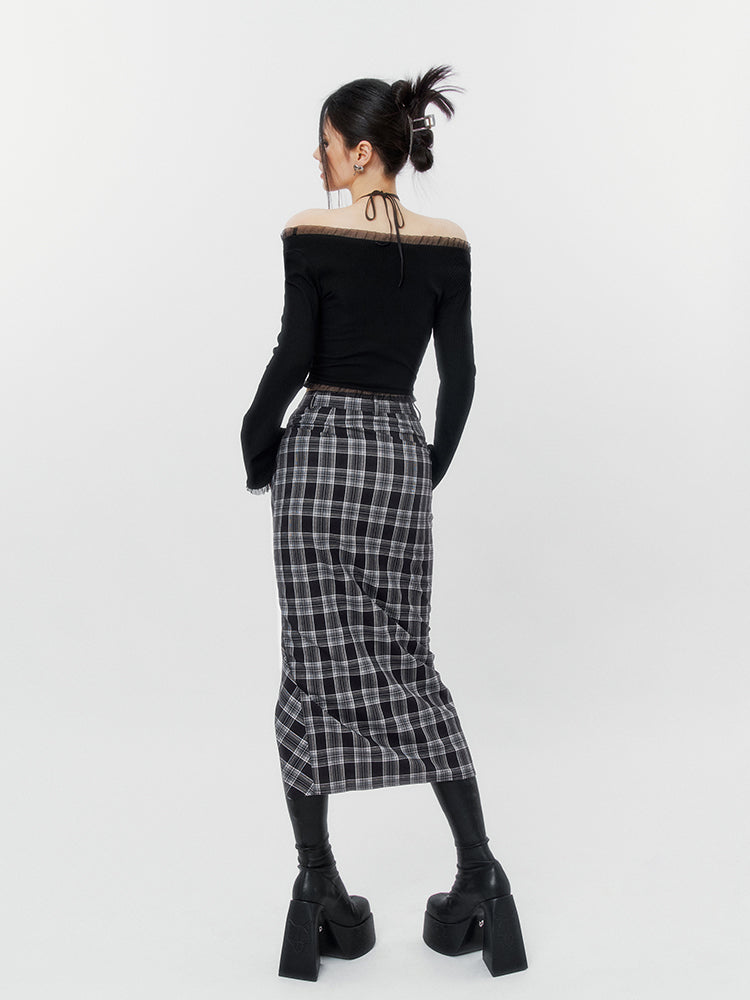 Y2K Dark Check Design Waist Split Skirt