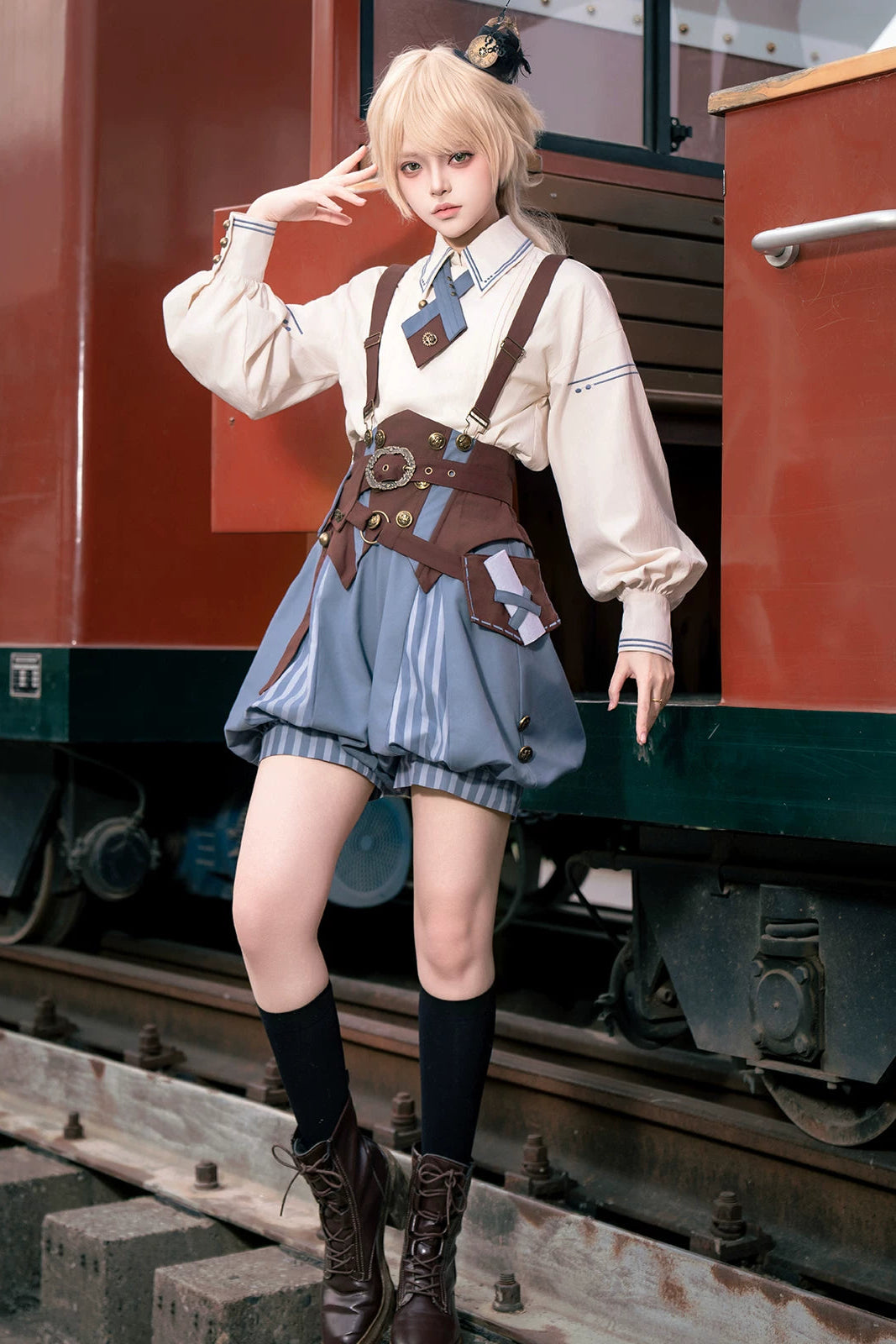 【10月2日予約締切】Vintage Prince Ivory Shirt + Blue Stripe Shorts + Brown Suspender Corset + Waist Belt + Full Set