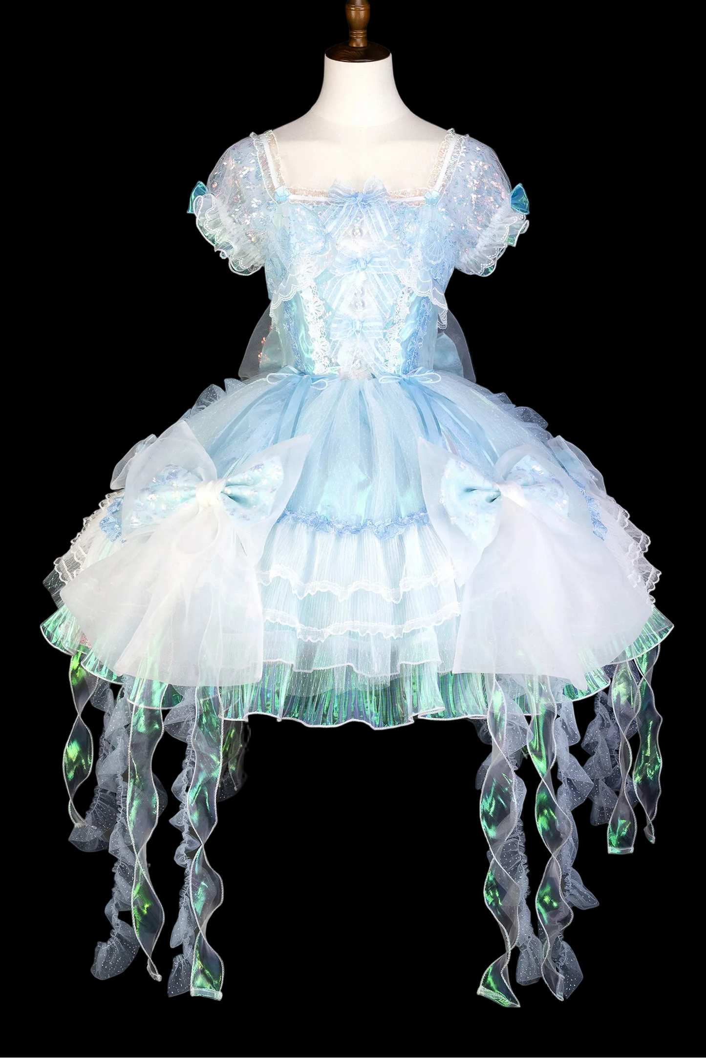 [Reservierungsschluss 1. August] Blau/Weiß/Lila Quallen-Feen-Lolita-Kleid mit Schleifen und Aurora-Schleppe