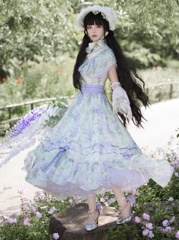 Blue Flower Garden Lolita Dress + Lace Sleeves