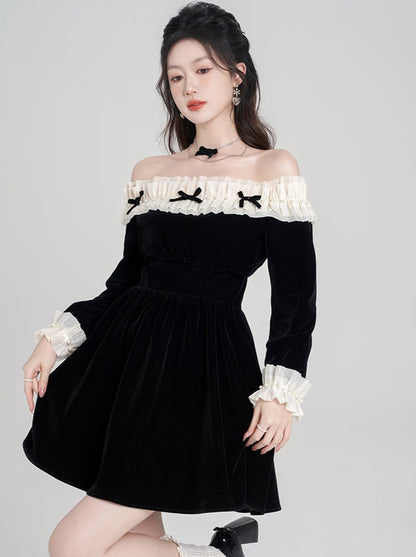 Ruffle Ribbon Off-the-shoulder Velvet Dress