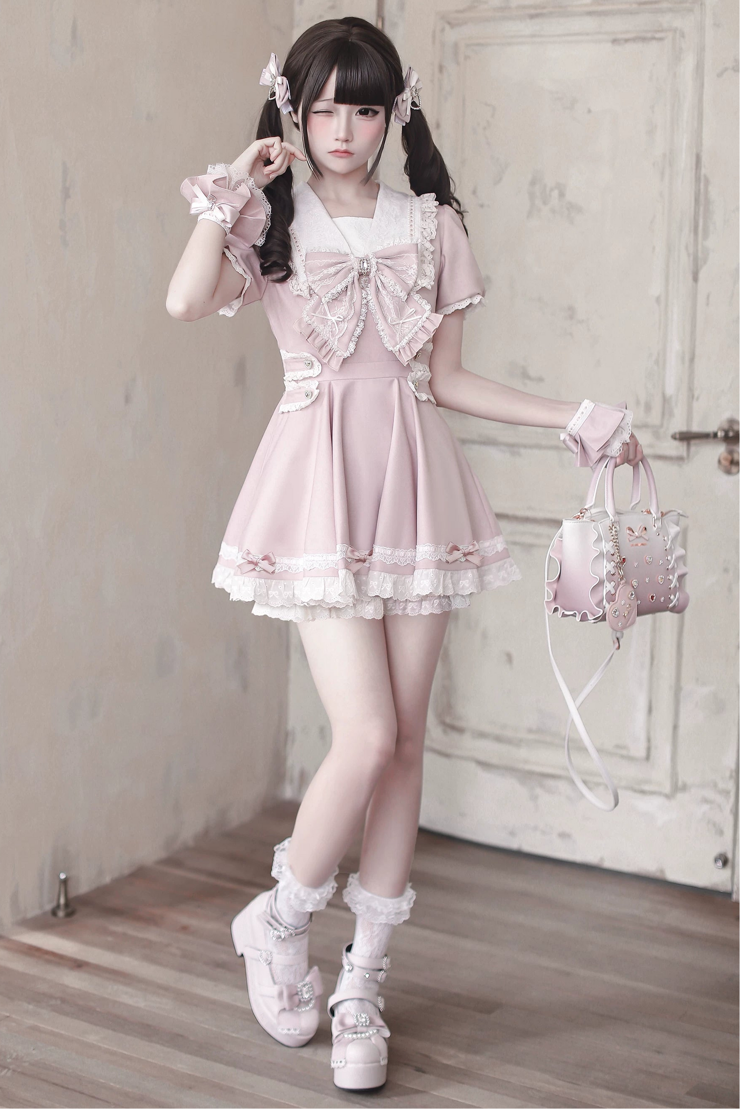 [Pre-order Deadline: April 15] Sailor Collar Pink Lace Jewel Ribbon Dress + Accessories