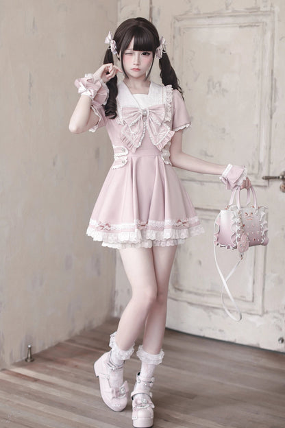 [Pre-order Deadline: April 15] Sailor Collar Pink Lace Jewel Ribbon Dress + Accessories