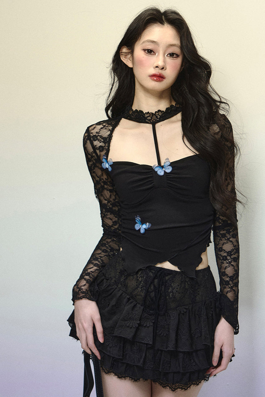 Butterfly Open Neck Lace Top