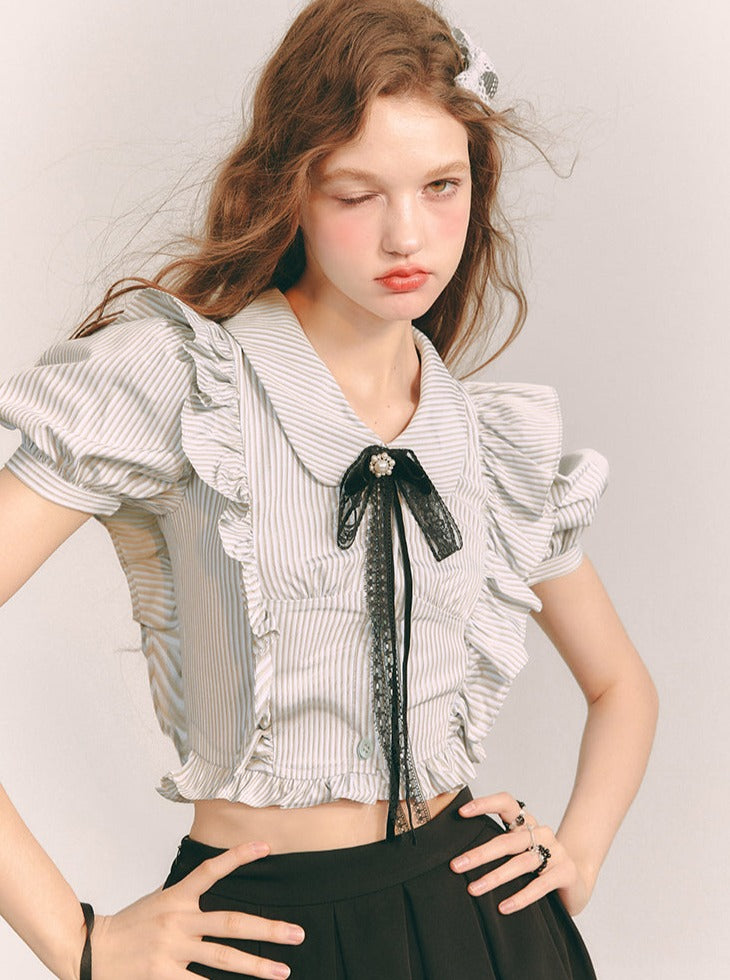 Striped frill lace ribbon shirt