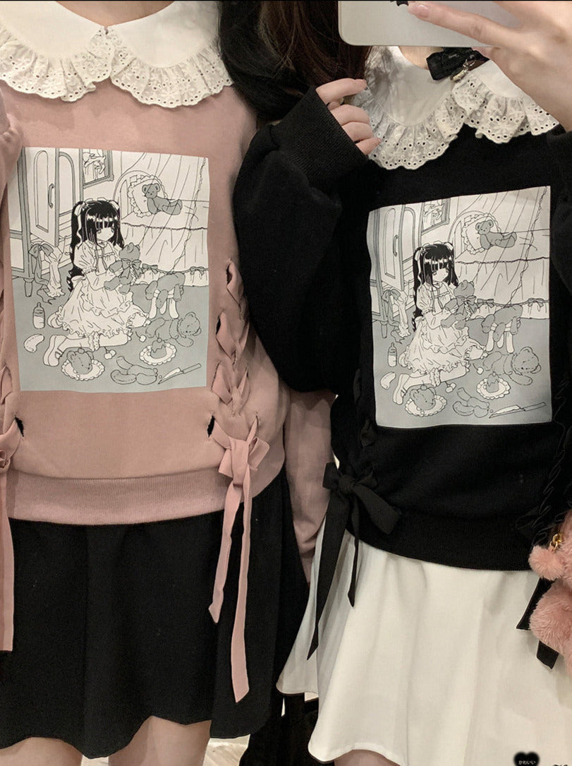 Doll Color Illustration Printed Sweatshirt [Reserved Item].