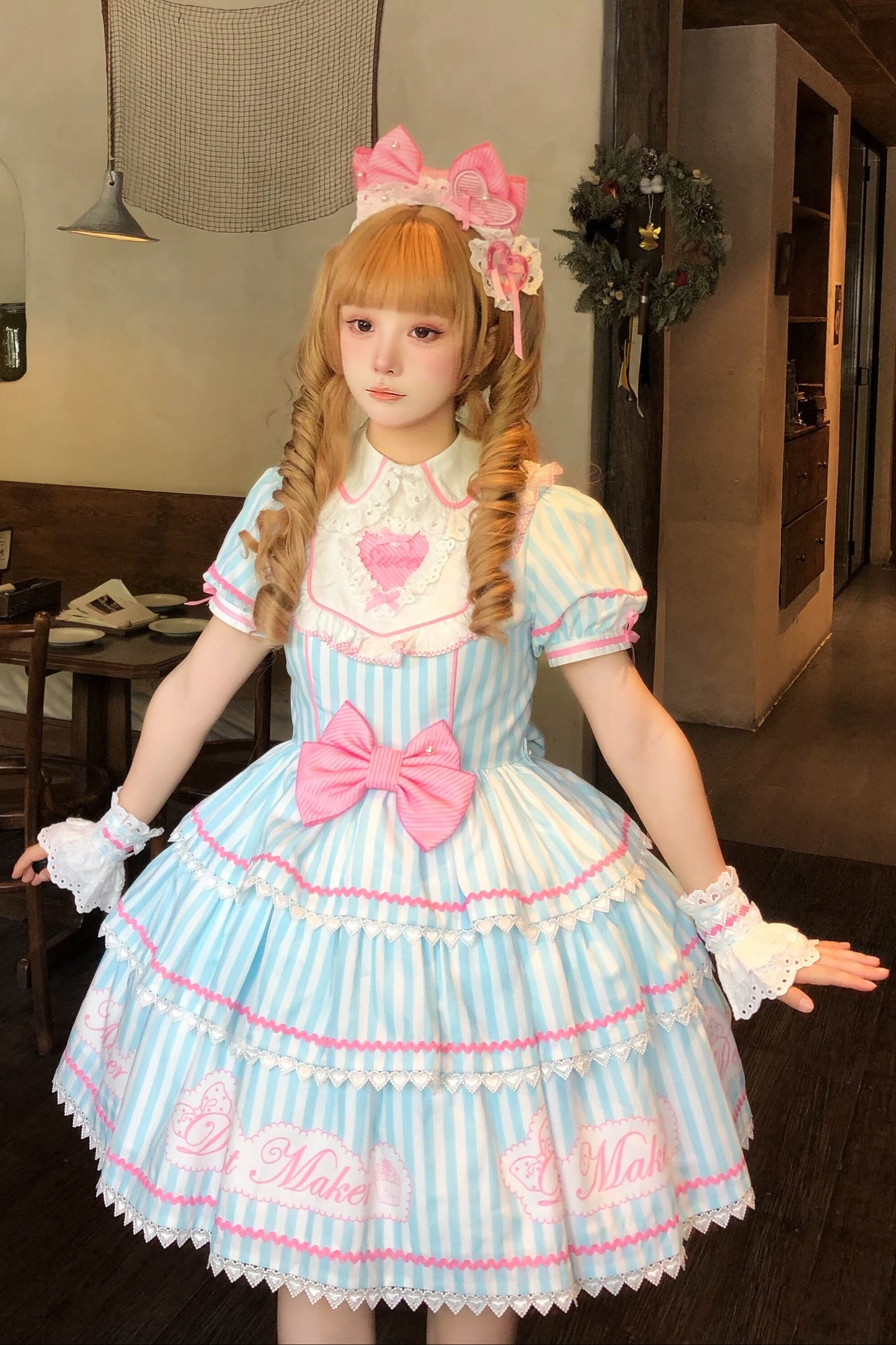 【6月18日予約締切】ピンク/ ブルー/ブラックスイートメイドロリータキャンディストライプティアードドレス＋ドレスセット1/2/3