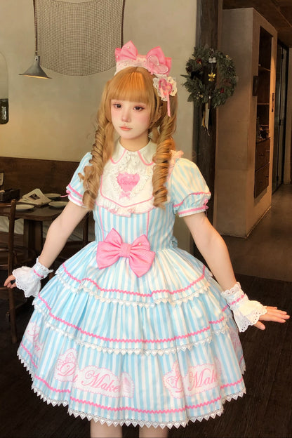 【6月18日予約締切】ピンク/ ブルー/ブラックスイートメイドロリータキャンディストライプティアードドレス＋ドレスセット1/2/3