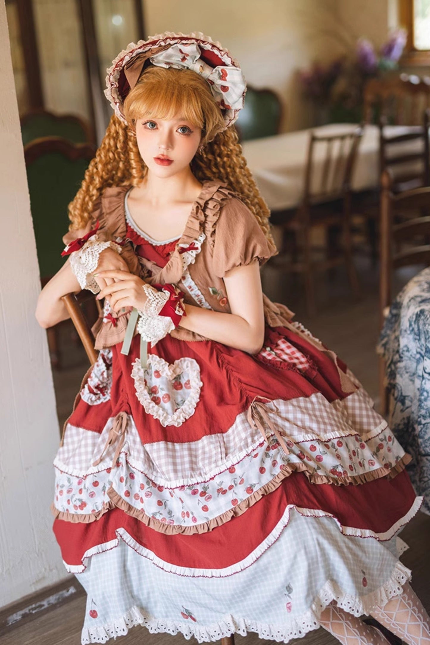 Retro Doll Cherry Check Lolita Dress