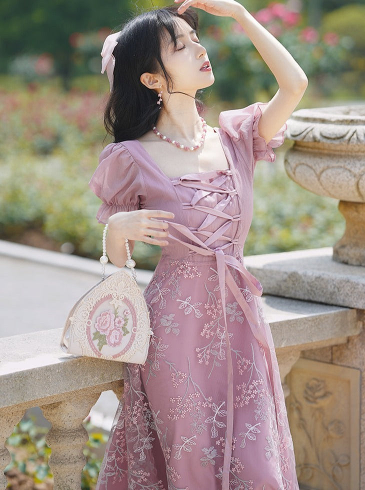 Square Neck Lace-Up Flower Dress