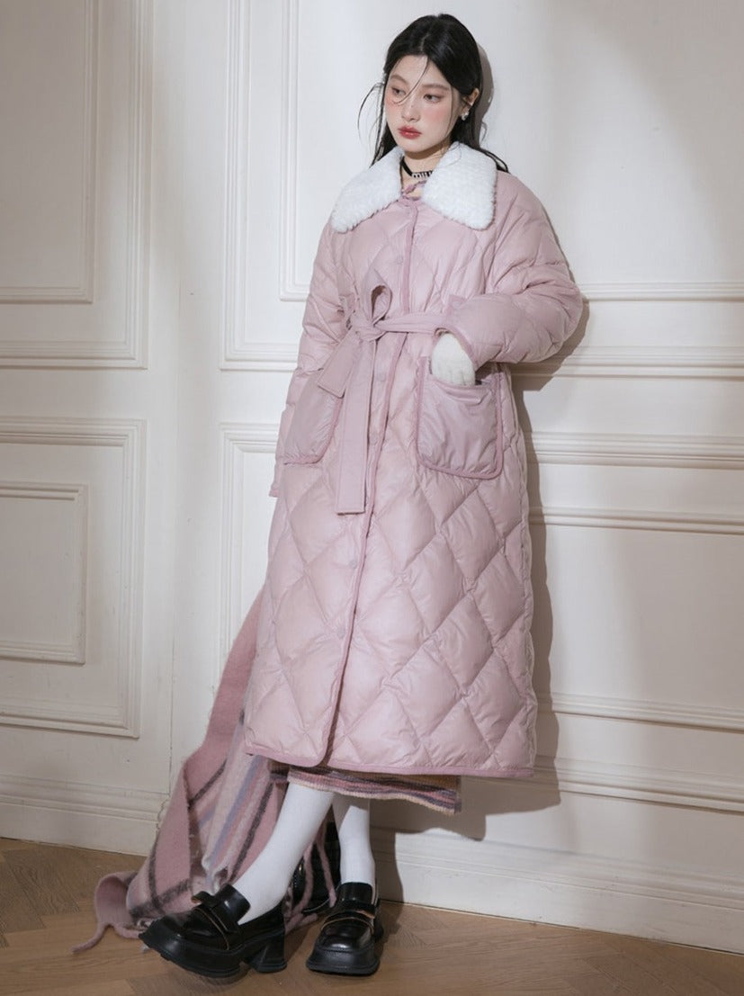 Milk Peach Diamond Line Waist Bow Long Quilted Coat