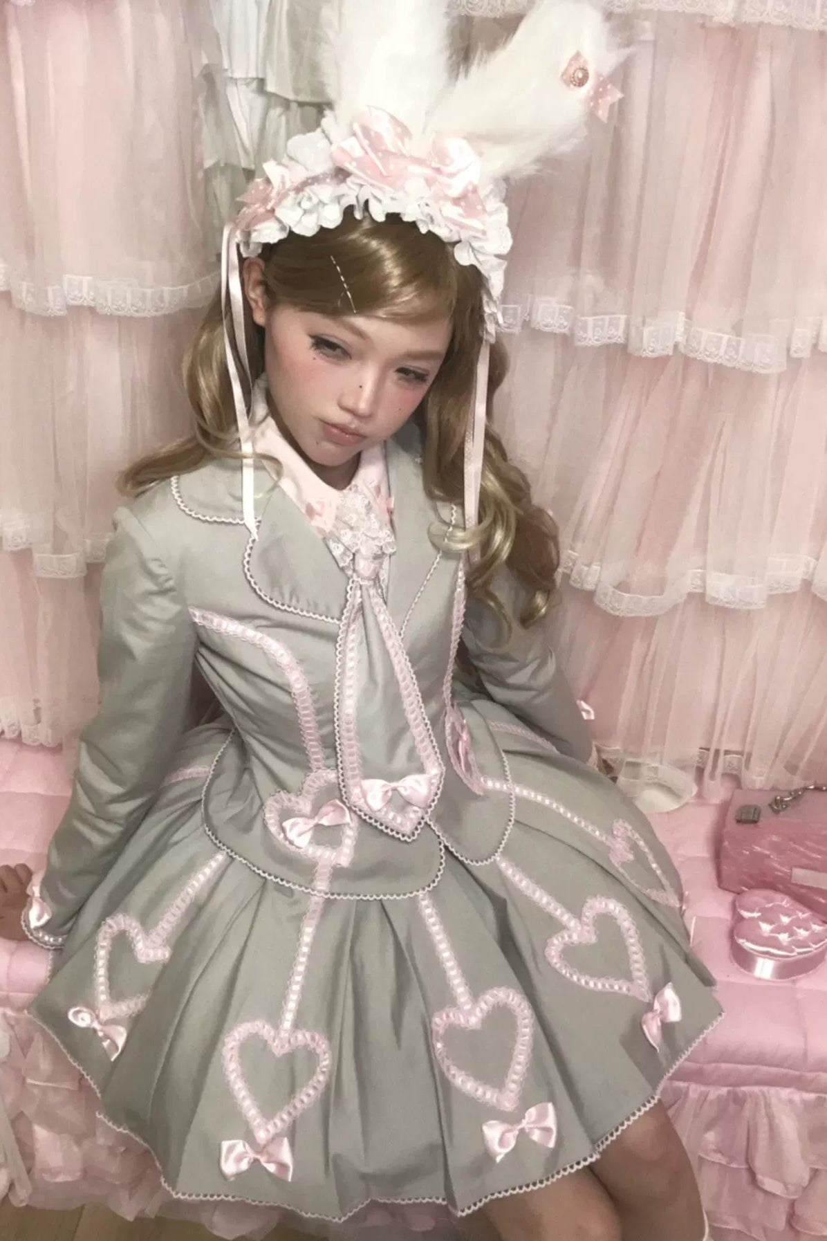 [Pre-order Deadline: June 28] Pink/Gray Vintage Lolita Heart Ribbon Tailored Jacket + Skirt + Tie