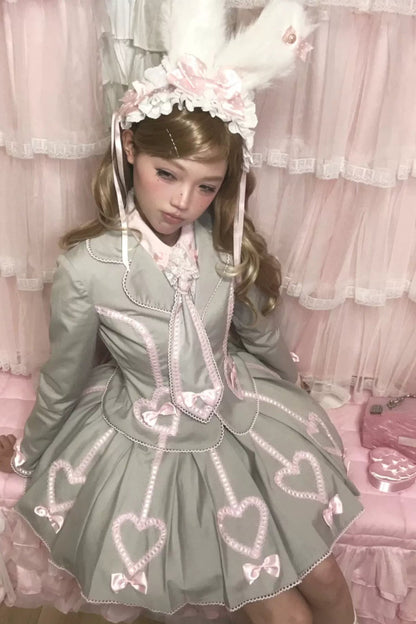 [Pre-order Deadline: June 28] Pink/Gray Vintage Lolita Heart Ribbon Tailored Jacket + Skirt + Tie