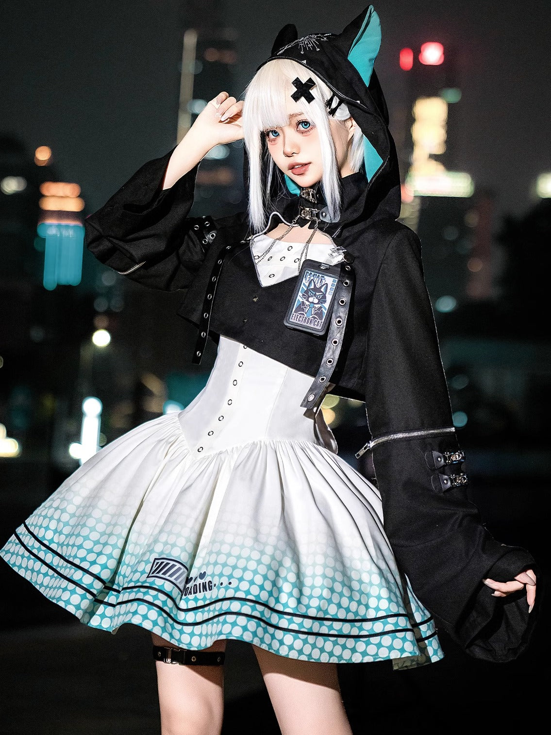 【予約商品】デイリーゴシックレトロパンクスタイルフードジャケット＋プリーツサスペンダースカート