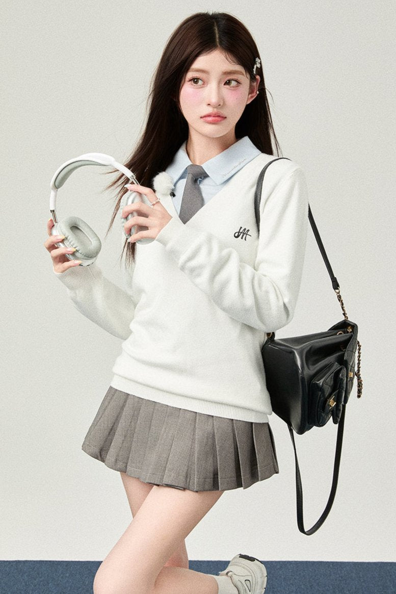 プレッピースタイルVネックニットスウェーター – Belchic