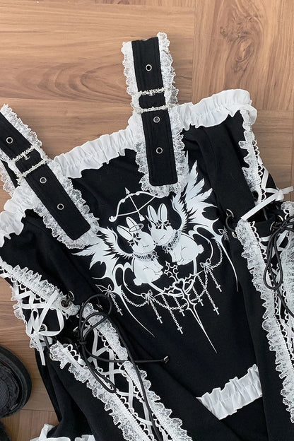 【9月15日予約締切】Dark Punk Gothic Rabbit Print Off Shoulder Long Sleeve Frill Lace Dress