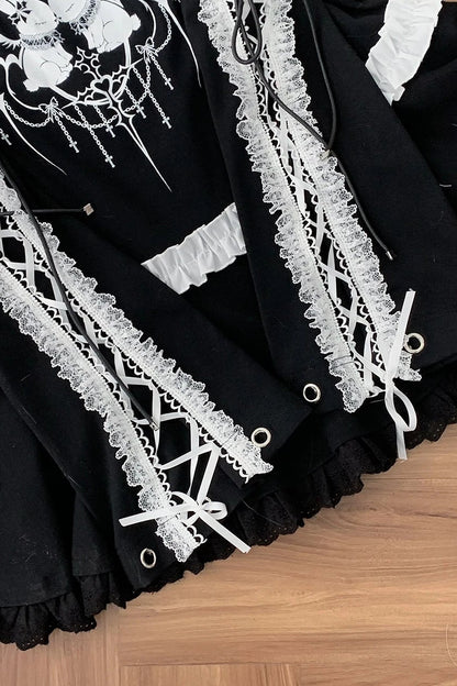 【9月15日予約締切】Dark Punk Gothic Rabbit Print Off Shoulder Long Sleeve Frill Lace Dress