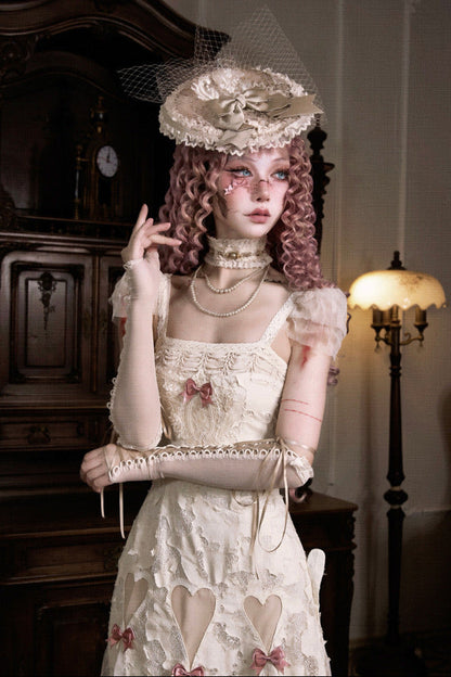 コットンラブハートリボンカットアウトレーススリップドレス