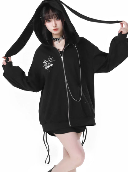 Spider Web Rabbit Ear Chain Strap Hoodie + Slim Suspender Dress