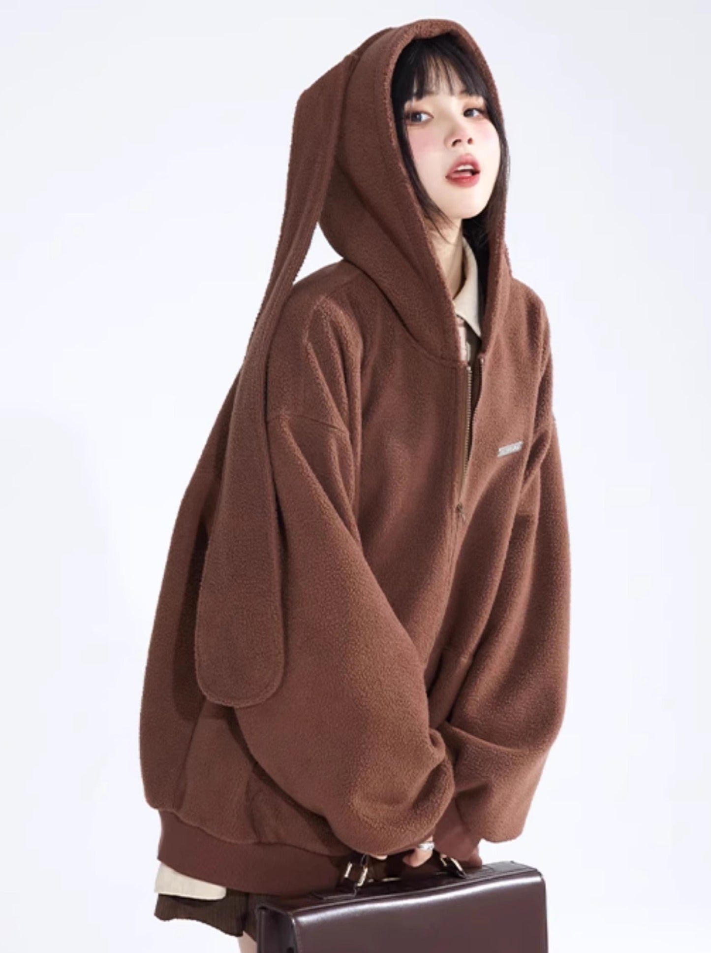 Solid Color Cute Bunny Ears Hooded Sweatshirt Jacket