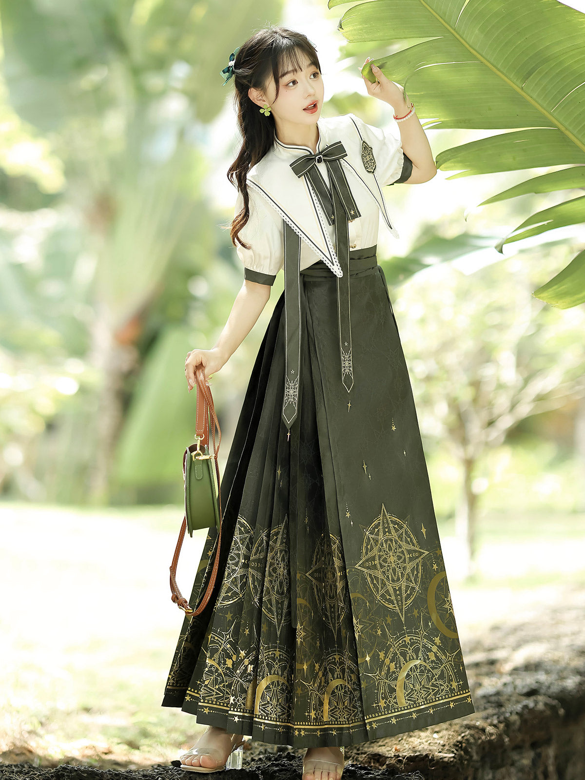 Magic Time and Space China Pointed Collar Ribbon Shirt + Long Skirt